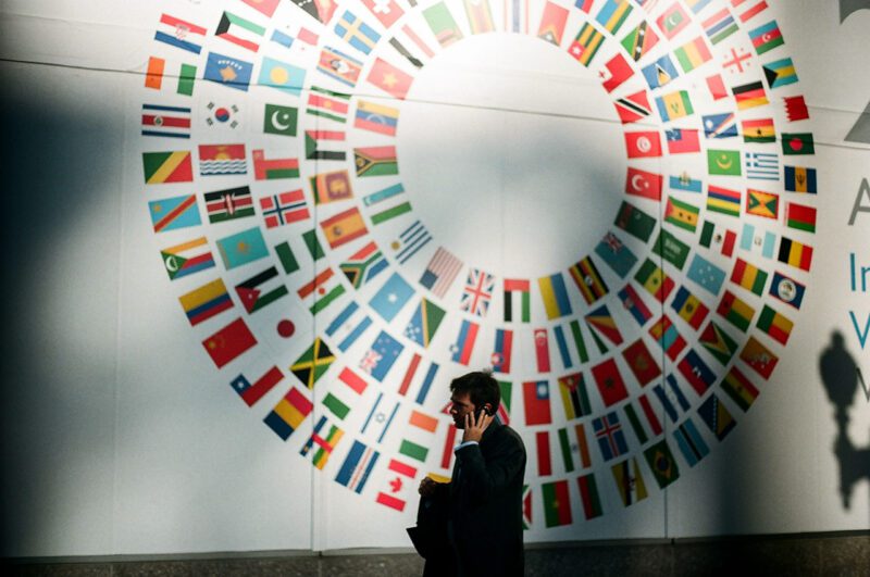 Wall with world's country flags in circular pattern