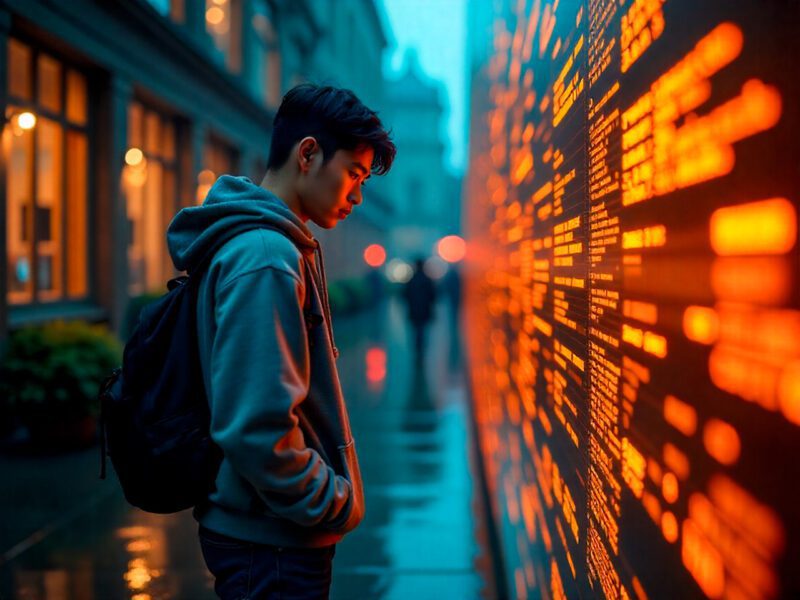 Student looking at digital display wall of information