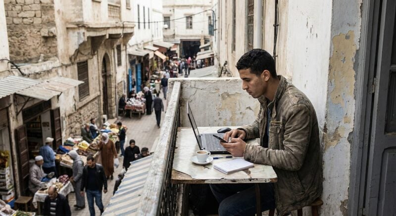 A young entrepreneur in an emerging-market urban setting uses a smartphone and laptop to manage a small business