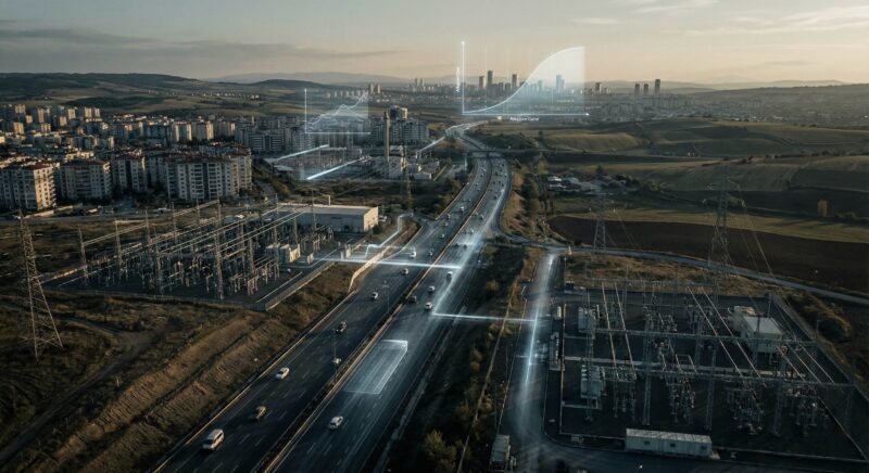 Industrial landscape with digital overlay