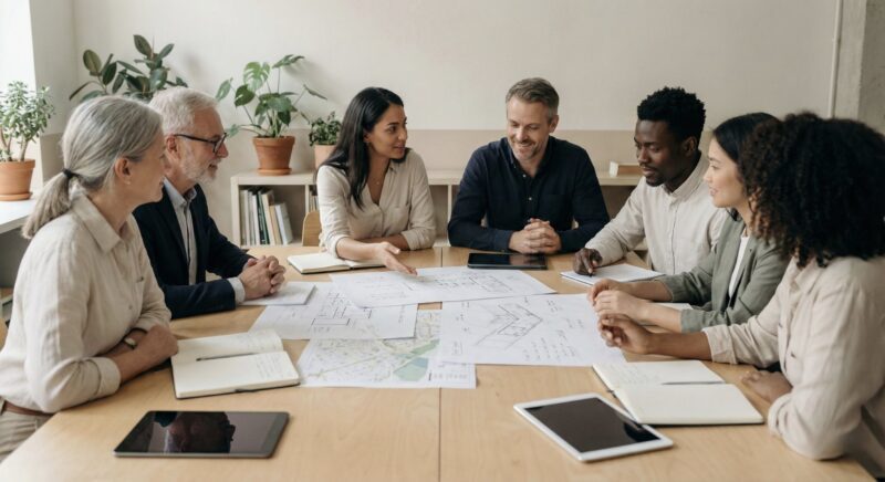 diverse group — entrepreneurs, advisors, and financial actors — sits around a table in a modest, modern setting, reviewing plans and data together.