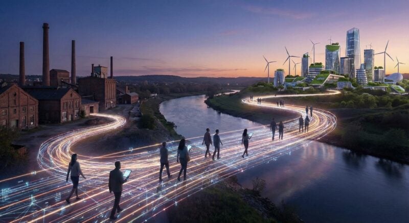 People walking in a futuristic city landscape