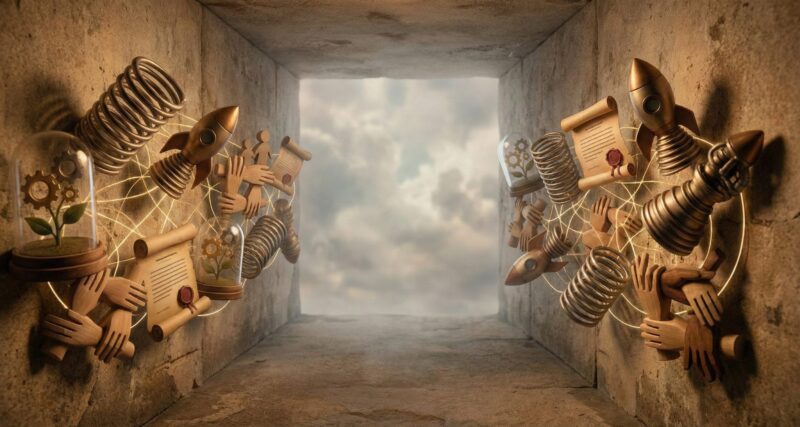 abstract but grounded visual metaphor showing a dense startup ecosystem compressed into a narrow corridor