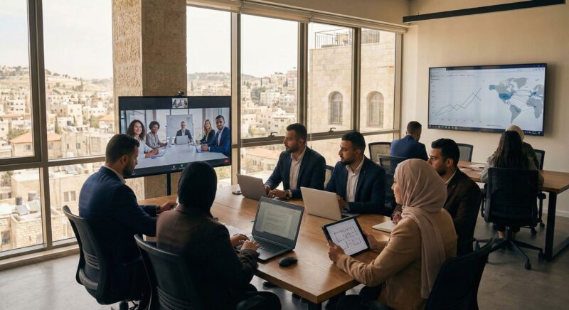 A wide, contemplative scene showing entrepreneurs collaborating across distance