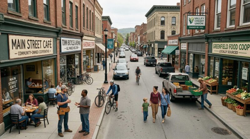 a busy neighborhood marketplace or main street in a small city or town, with a visible mix of locally owned businesses, workers, customers, cyclists, and families moving through the scene