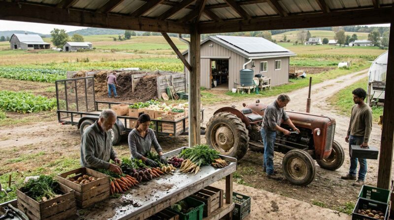 a worker-owned farm with people actively harvesting, sorting, repairing equipment, or loading produce