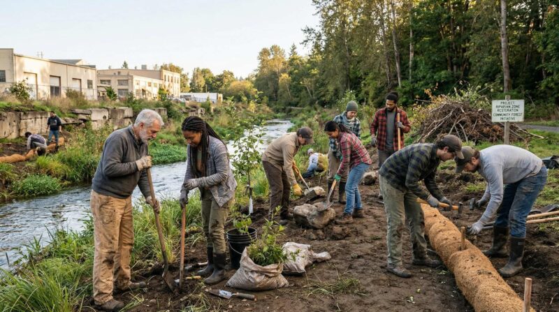 people restoring/ maintaining shared ecological infrastructure