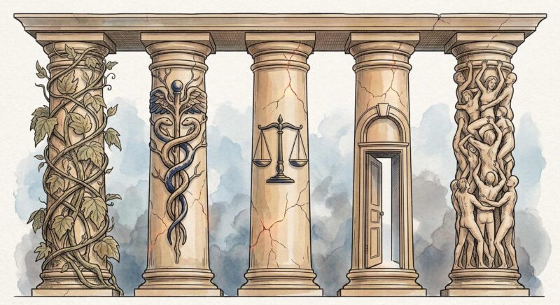 Five tall, elegant columns rendered in warm stone tones stand in a row, each subtly different in character