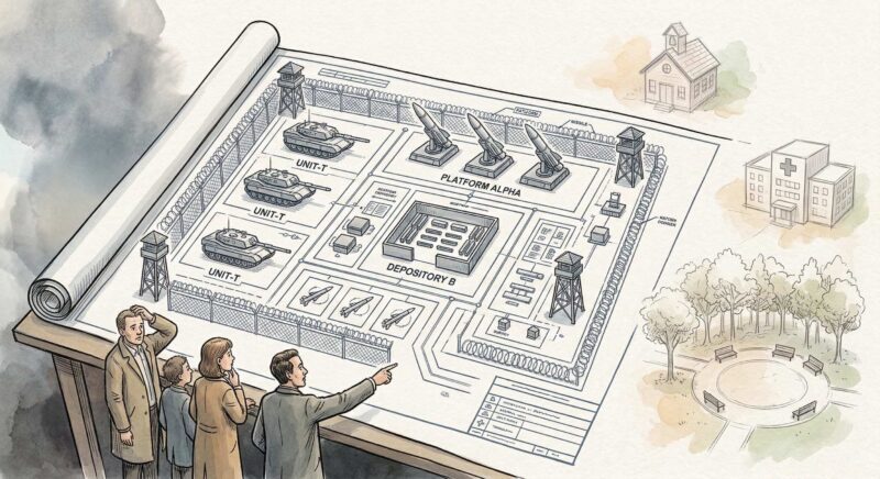 A large architectural blueprint or technical drawing is spread across the composition, rendered in precise blue-gray linework