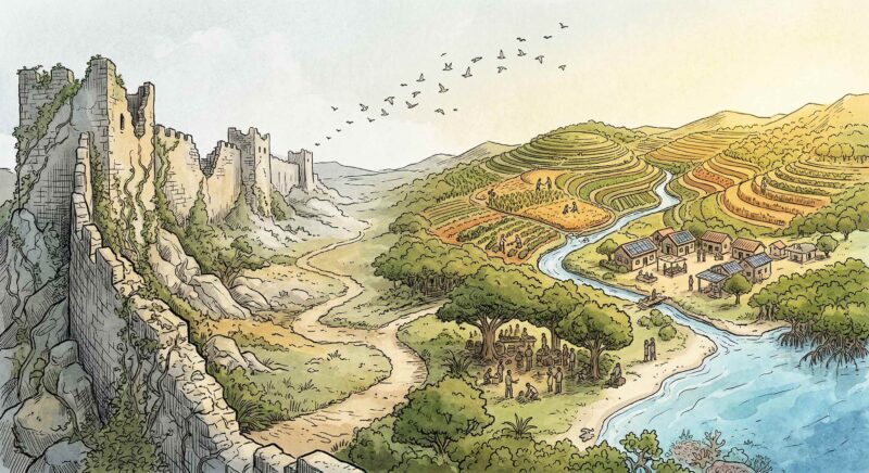 A landscape in transition: on one side, the remnants of a fortress wall recede into the background, half-ruined, overgrown, becoming almost geological — returning to the earth.