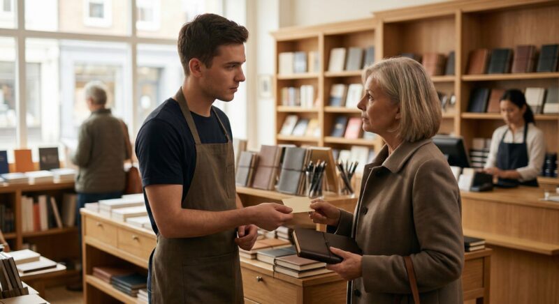 a frontline retail worker helping a customer in a well-run store, with subtle cues of trust, attentiveness, and smooth operations. 