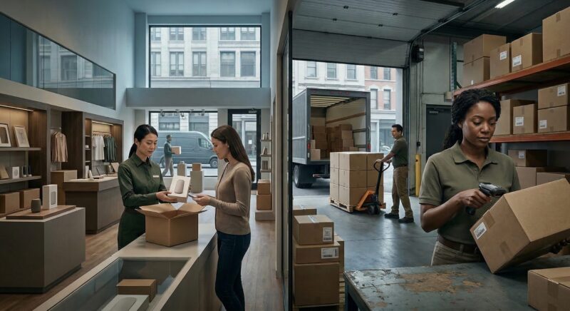 interconnected workers across a supply chain or service ecosystem — warehouse, retail floor, logistics, and customer interaction subtly linked in one seamless visual composition.