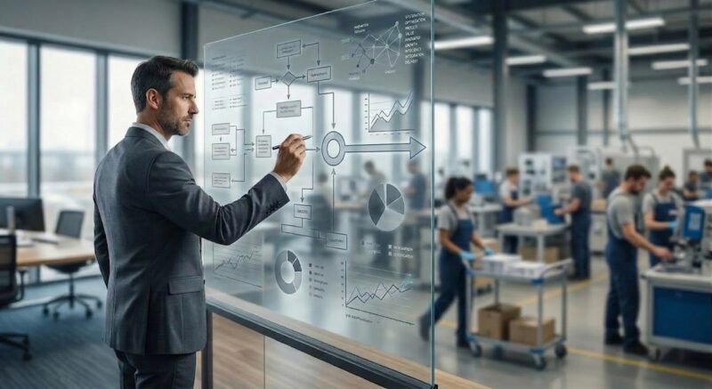 a manager or investor reviewing workforce and operational performance metrics on a glass board, while frontline activity continues in the background slightly out of focus.