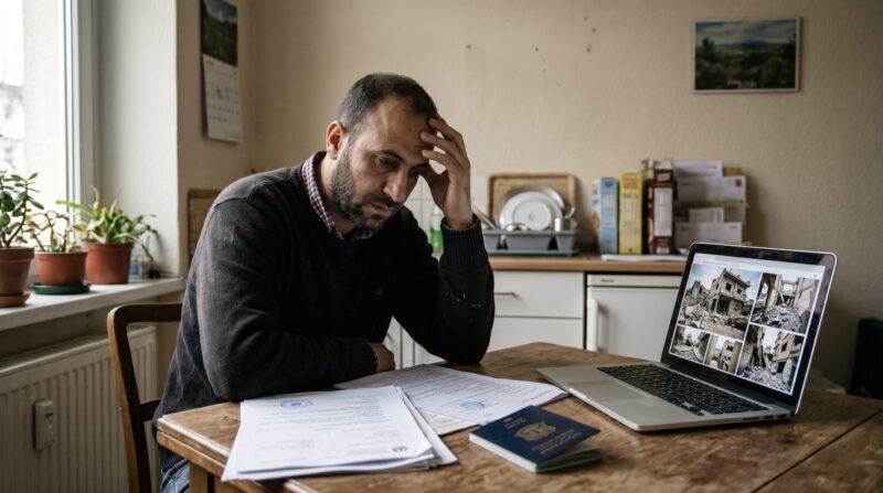 a Syrian man at a small kitchen table in a European apartment, looking at documents, a passport, and photos of a damaged family home on a laptop screen.