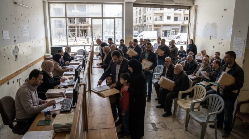 a recovering Syrian city, where people wait with folders and property documents while staff review paperwork.