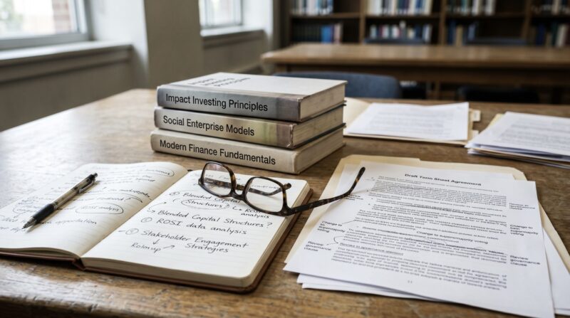 a small stack of books and working papers on impact investing, social enterprise, and finance resting on a seminar table, alongside a notebook with handwritten annotations, reading glasses, and a marked-up term sheet.