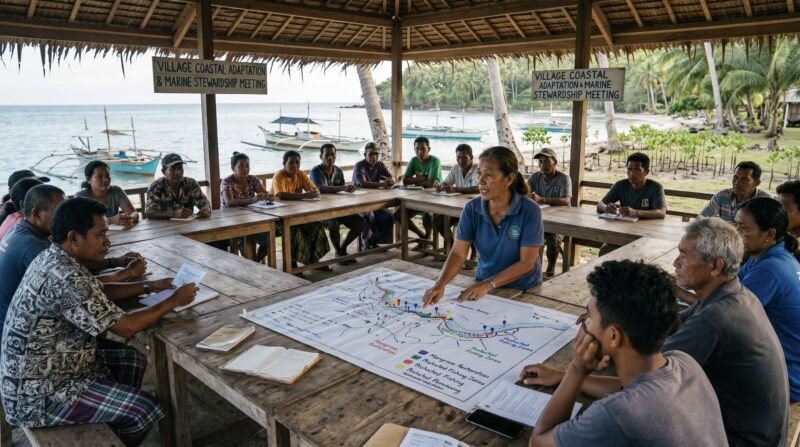 A coastal village community meeting related to marine governance or local planning.