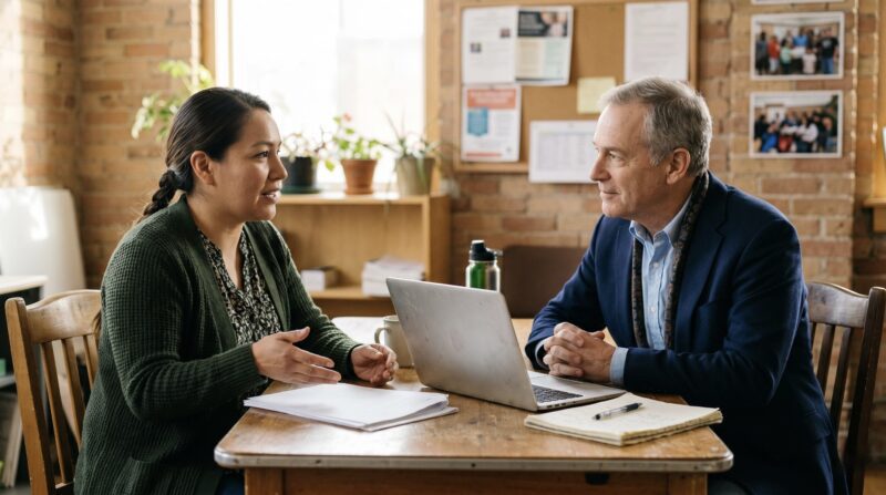 A community enterprise leader and philanthropic finance advisor discuss documents in a modest workspace.
